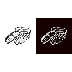 A stylized icon of several peanuts in their shells is presented in simple line art on both a white and a black background. The design has a natural, hand-drawn feel