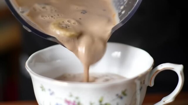 Creamy beverage being poured into a decorative cup