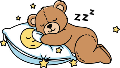 Cartoon Teddy Bear Sleeping on Pillow with Moon and Stars, Dreaming