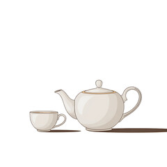 Cream-colored Teapot and Cup:  Elegant, Simple Line Art Illustration, Calm and Serene Mood.