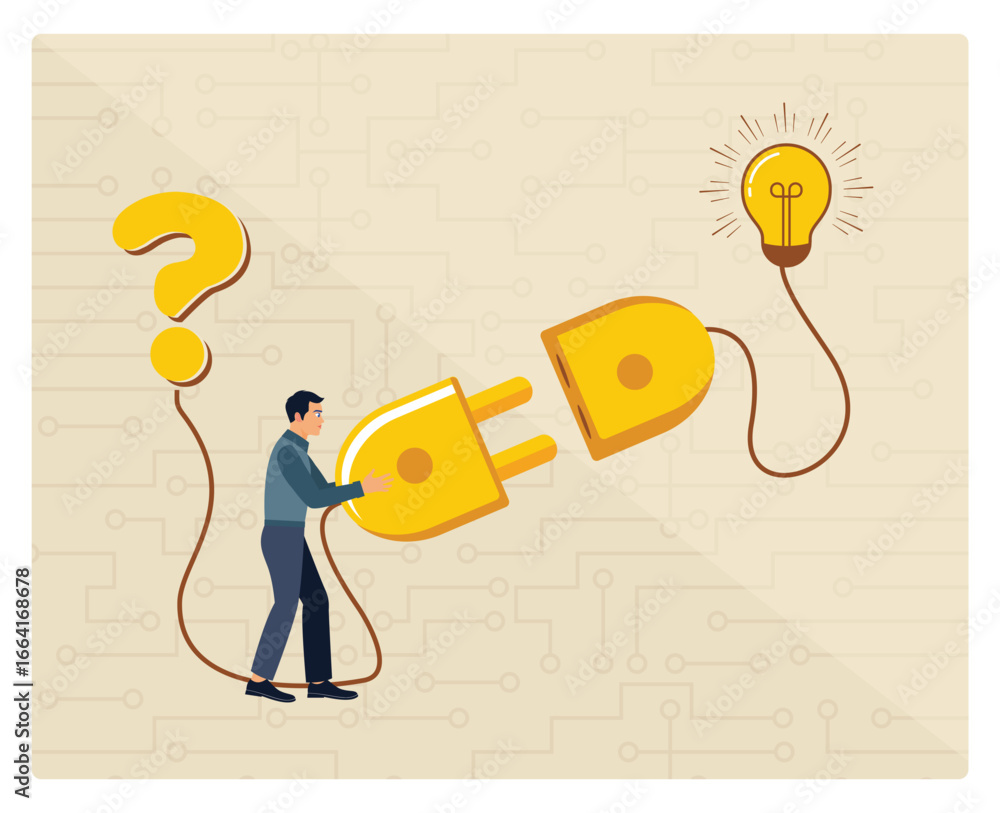 Poster solution solving problem. man connecting plug to light bulb for innovative idea.