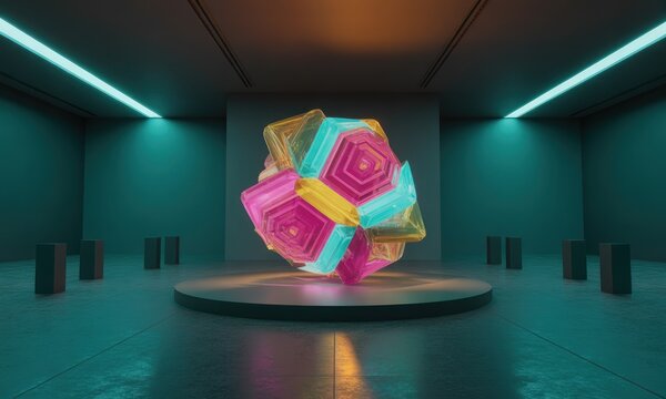 Abstract, colorful, geometric sculpture displayed on a pedestal in a futuristic, dimly lit room - Powered by Adobe