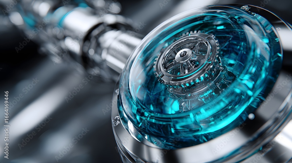 Poster futuristic mechanical device with teal illuminated core