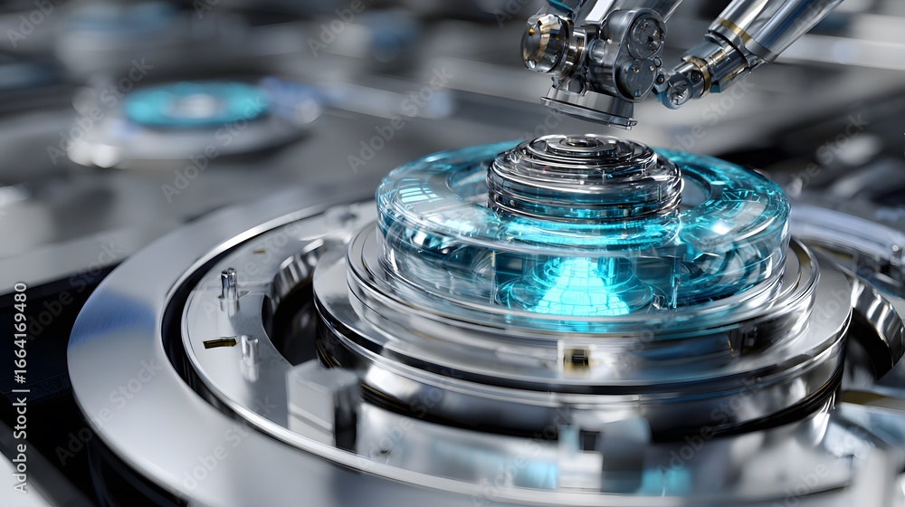 Poster advanced robotic arm interacting with a glowing, transparent cylindrical object in a high-tech envir