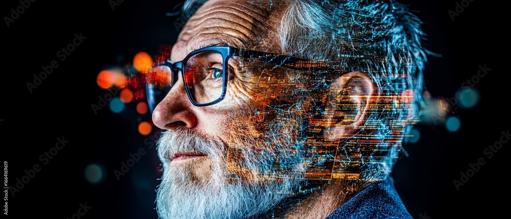 Poster elderly man with beard and glasses, profile view. overlay with data, bokeh effect background