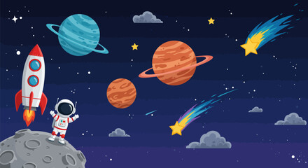 Excited astronaut with rocket explores vibrant planets, stars, and comets in outer space adventure