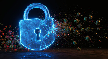 Conceptual illustration of a glowing digital padlock shattering under the attack of virus particles, symbolizing a cybersecurity breach or pandemic threat