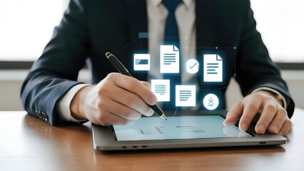 Businessman interacting with digital documents on a laptop, showcasing virtual icons and data processing.