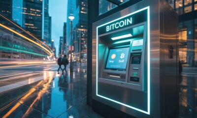 Obraz premium Bitcoin ATM on City Street at Night