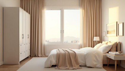 Fototapeta premium Modern bedroom with soft beige tones and large window 