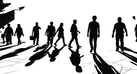 Crowd of People Silhouettes Walking in Rays of Light, Urban Commute