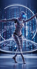 Futuristic robot dancing in a light show