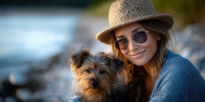 Young woman enjoying a sunny day by the river with her small dog while wearing sunglasses and a straw hat
