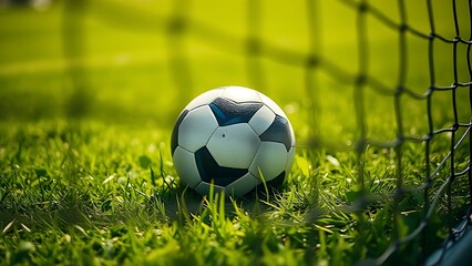 Soccer ball nestled in the net against a lush green field, capturing a moment of victory.