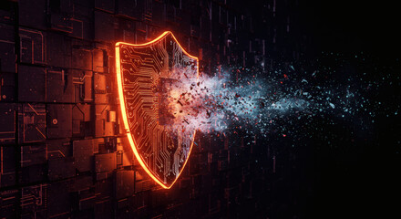 Glowing digital shield with circuit pattern disintegrating into particles, symbolizing a critical cybersecurity breach or data vulnerability in a futuristic network