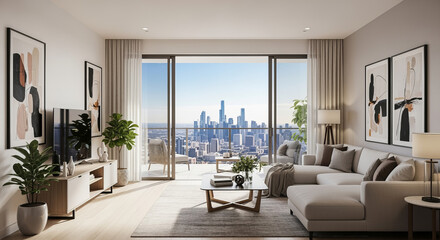 Modern living room with city skyline view and balcony
