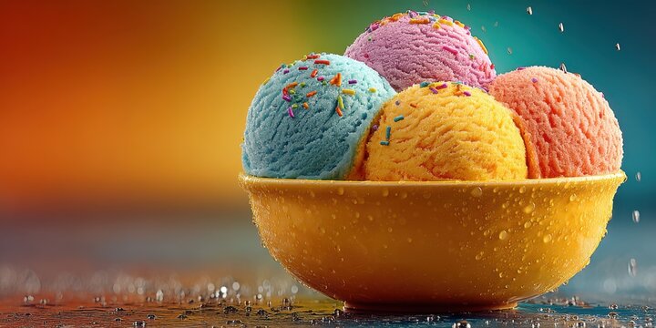 Colorful ice cream scoops in bowl with rainbow background on sunny day