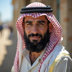 Smiling Man Wearing Traditional Headdress in Sunny Outdoor Setting