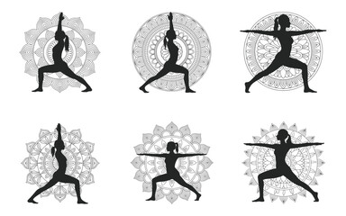 Six silhouettes of women performing various yoga poses with decorative mandala backgrounds