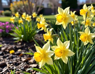 A vibrant garden scene with a large number of yellow tulips blooming in full sunlight