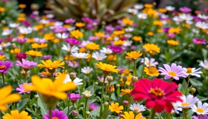 Obraz premium A vibrant scene of a lush garden filled with flowers in various colors. These include orange, pink, red, white, and yellow hues