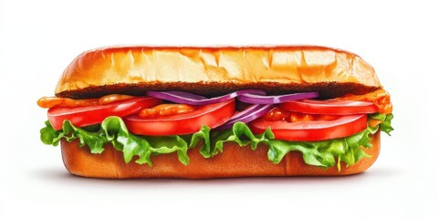 Freshly made sandwich filled with tomatoes, lettuce, and onions presented on a clean background