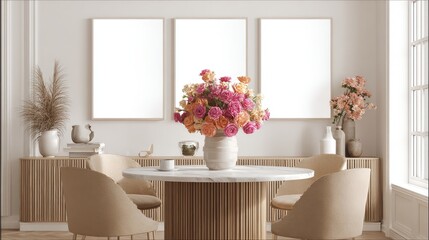 Modern dining room scene with empty frames and flowers.
