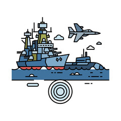 navy fleet illustration battleship submarine and jet fighter patrolling ocean waters conveying themes of naval power defense and maritime security perfect for military blog.