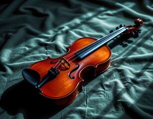 A violin with its bow resting atop it, placed against a textured surface that has a cool tone to it.