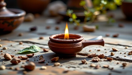A serene moment featuring a wooden candle holder with a lit candle in a room that seems to be filled with natural materials like c