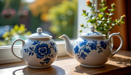 A charming tea set sitting on a windowsill.