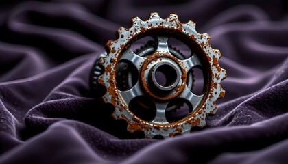 Fototapeta premium A detailed view of an intricate gear mechanism with a dark metal finish, set against a purple fabric background.