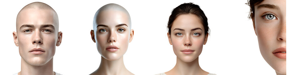 Naklejka premium Progressive Portrait Transformation: Man, Woman, and Full Makeup