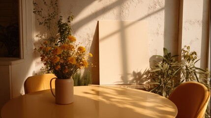 Yellow flowers in a vase, natural light, and warm tones.