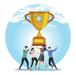Team success achievement concept. Business people colleague celebrate award winning trophy together.