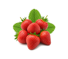Ripe fresh strawberries with green leaves isolated on white background.