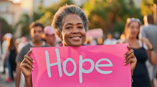 Mature Woman Holding Pink Hope Sign at Breast Cancer Awareness Event