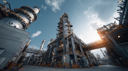 Modern Petrochemical Refinery with Steel Towers, Pipes, and Industrial Infrastructure Under Blue Sky Representing Energy, Power, and Production
