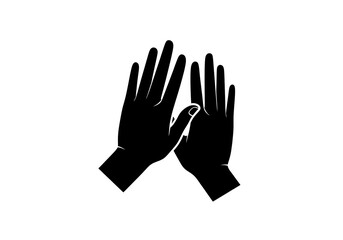 Obraz premium Two open hands raised in a black silhouette against a white background, symbolizing connection and greeting