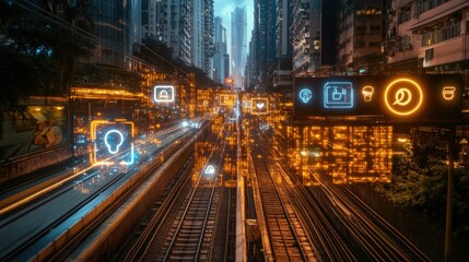Obraz premium Futuristic Urban Cityscape with Social Media Icons