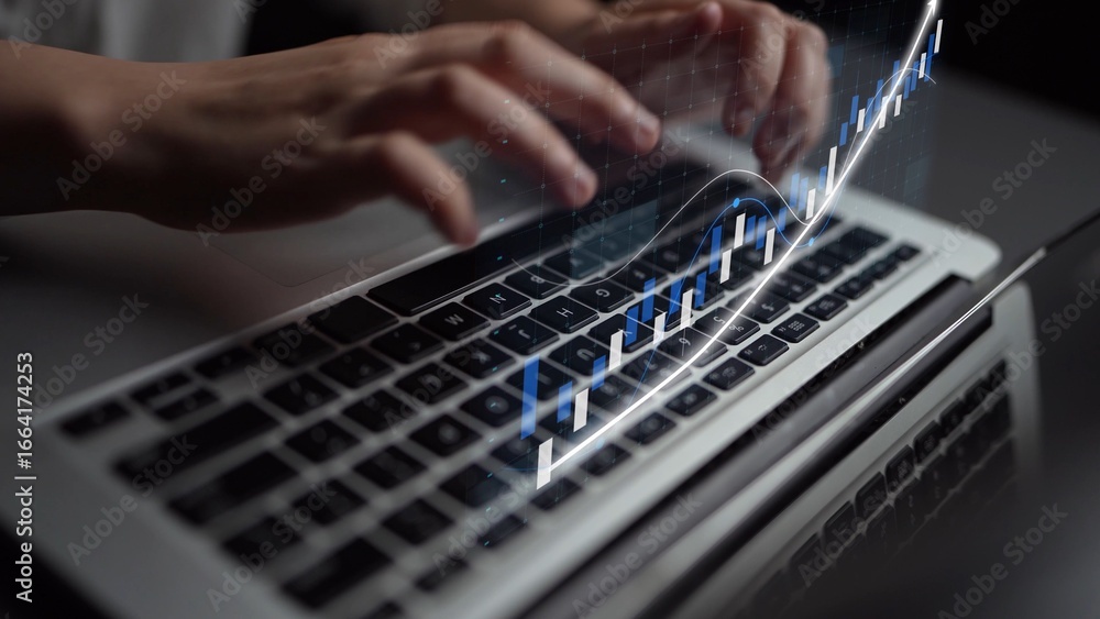 Poster a close-up view of hands typing on a laptop keyboard, featuring a digital graph overlay that represe