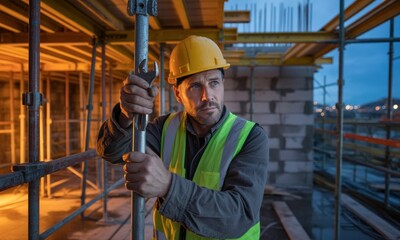 Construction worker adjusting scaffolding at night.  Focused on a task.  Safety gear visible.  Site under construction