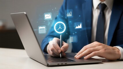 Businessman working on laptop with virtual data and clock icons overlaying the screen