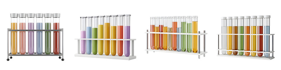 Laboratory test tubes with colorful liquids in metal racks on white backdrop, science concept, medical research and experimentation in isolation