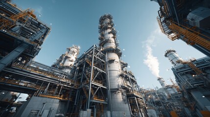 Modern Petrochemical Refinery with Steel Towers, Pipes, and Industrial Infrastructure Under Blue Sky Representing Energy, Fuel, and Power
