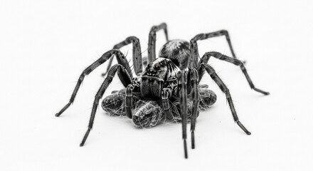Fototapeta premium A detailed black and white close-up of a wolf spider carrying its numerous young spiderlings on its back, isolated against a plain background.