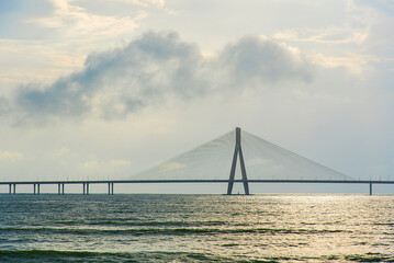 The Bandra Worli Sea link on the eve of Independence Day, Mumbai, Maharashtra, India.