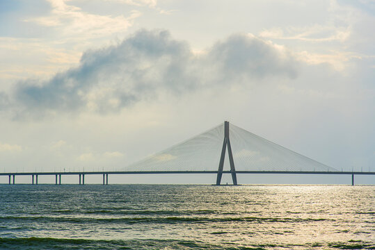 The Bandra Worli Sea link on the eve of Independence Day, Mumbai, Maharashtra, India.