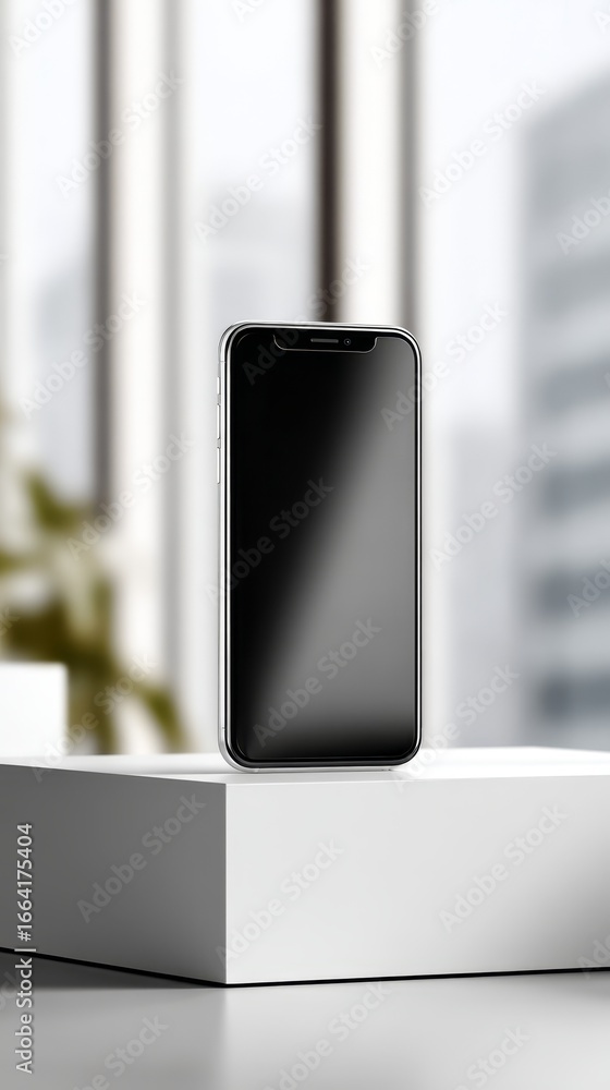 Poster a minimalist composition featuring a sleek black smartphone with a dark screen resting on a simple w