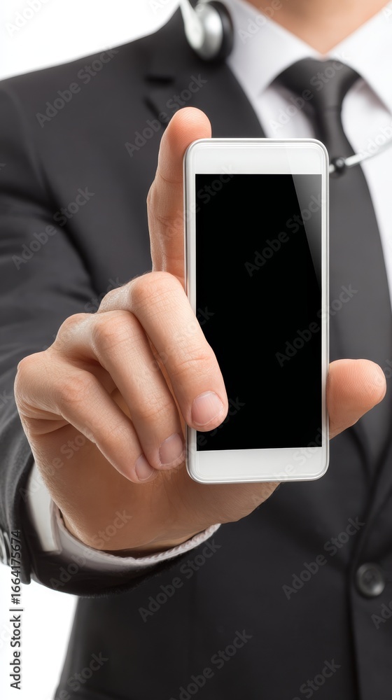 Poster professional businessman in classic formal suit holding modern mobile device for work related commun